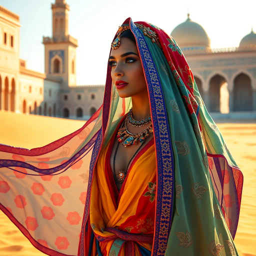 Arabian nights, vibrant colors, intricate patterns, gold accents, Henri Matisse, warm desert tones, graceful movement, rich textiles, cultural tapestry, surrealism, exotic elegance, moonlit sands, flowing fabrics, mystical allure, contemporary interpretation, shimmering heat, lush oasis, dynamic composition, sensual poise, atmospheric glow, dreamlike ambience