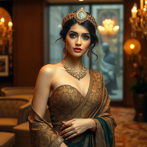 sensual elegance, Arabian beauty, professional environment, Gustav Klimt, Art Nouveau, warm tones, intricate patterns, flowing fabrics, golden accents, cultural richness, empowered demeanor, contemporary setting, soft ambient lighting, vibrant energy, graceful posture, captivating gaze, sophisticated attire, Middle Eastern influences, delicate textures, timeless allure, confident expression, refined aesthetics, harmonious balance