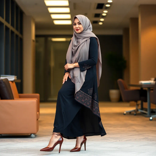 elegant Arab lady, wearing a hijab, at work, professional setting, high heels, modern office environment, intricate patterns, Middle Eastern cultural influence, dynamic composition, soft color palette, warm lighting, attention to detail, expressive posture, contemporary fashion, balance of tradition and modernity, subtle elegance, reflective mood, sophisticated atmosphere, artistic representation, symbolic strength, nuanced textures, harmonious blend of elements