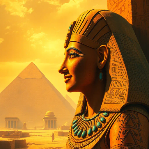 ancient Egypt, mysticism, pharaohs, intricate hieroglyphs, pyramids, desert symbolism, vivid ochre hues, alabaster textures, golden sunlight, timeless allure, antiquity, Howard Carter influences, spiritual resonance, Nile River motifs, ethereal glow, hierarchies, tomb artistry, enigmatic smile, sandstorm movement, papyrus scrolls, cultural heritage, sandstone structures, celestial alignment, Jean-Léon Gérôme, mythical creatures, spiritual aura, flowing robes, Nefertiti-inspired elegance, grand temples, vibrant ochre and turquoise, historic depth, symbolic resonance, sacred ritual, atmospheric depth, mysterious allure, ornate jewelry, celestial constellations, epic scale, transformative power, historic reverence, exotic flora, mythological creatures, architectural grandeur, eternal legacy, esoteric knowledge, art deco echoes