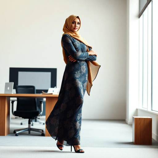 Arab woman, elegant hijab, modern workplace, professional setting, high heels, Middle Eastern culture, contemporary art, intricate patterns, vibrant colors, soft lighting, dynamic pose, cultural expression, delicate fabrics, office environment, confident demeanor, sophisticated fashion, grace and poise, diverse representation, cultural fusion, empowerment, modernism, Impressionism influences, human form, balance and harmony, digital artistry, Henri Matisse influences, neo-Expressionism, fluid movement, ethereal textures, timeless elegance, cross-cultural aesthetics, modern elegance, radiant palette, inspired by fashion photography, meticulous detail, narrative of empowerment