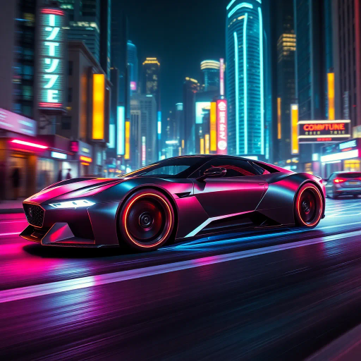 sleek futuristic car, neon lights, matte finish, cyberpunk cityscape, dynamic composition, vibrant colors, atmospheric lighting, speed and motion, 21st-century innovation, reflective surfaces, metallic textures, urban landscape, technological advancements, aerodynamic design, perspective distortion, cinematic framing, kinetic energy, movement and flow, modernism, urban exploration, imaginative transportation