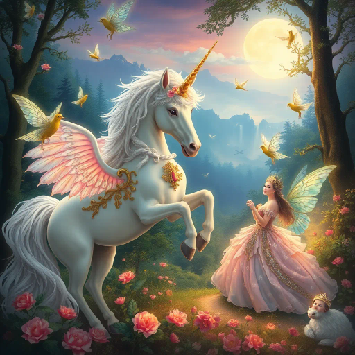 mythical unicorn, enchanting fairies, regal princess, ethereal glow, soft pastels, dreamlike landscape, intricate detail, romanticism, whimsical essence, magical realism, baroque influences, delicate brushstrokes, shimmering textures, enchanted forest, twilight ambiance, ethereal beauty, imaginative composition, vibrant flora, surreal atmosphere, celestial light, fairytale dimension, mythical creatures, gentle aura, serene emotion, opulent attire, mystical symbolism, fantasy narrative, mystical forest, Johan Christian Dahl, ethereal luminosity, dreamy composition, fantasy realism, ethereal palette, celestial landscape, Arthur Rackham, luminescent wings, moonlit scenery, shimmering waterfalls, storybook charm, iridescent tones, enchanting realm, mystical ambiance