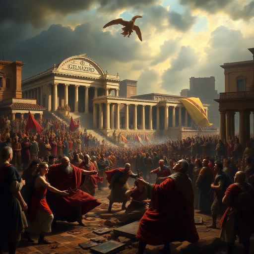 Visigoths, ancient Rome, chaotic cityscape, dramatic lighting, chiaroscuro, tumultuous emotions, historical drama, vivid storytelling, Alaric I, dark, somber tones, rubble and ruins, intricate detail, historical textiles, Renaissance influence, dynamic composition, expressive brushwork, historical artifacts, cultural collision, atmospheric tension, turbulent skies, Baroque intensity, rich textures, epic scale, classical architecture, aura of desolation, historical narrative, monumental scale, layers of history, pathos and loss