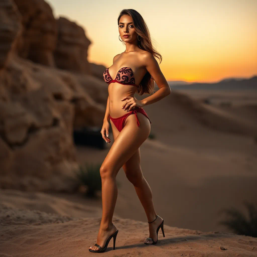 Arab beauty, modern elegance, desert oasis, golden hour lighting, Henri Matisse, Yves Saint Laurent, vibrant colors, intricate patterns, delicate textures, sun-kissed skin, exotic allure, cultural richness, flowing lines, sensual movement, warm tones, harmonious composition, romantic ambiance, visual poetry, timeless grace, captivating allure, seductive composition, ethereal mood, desert mirage, artistic flair, Arabic cultural motifs, expressive body language, chiaroscuro lighting, sleek silhouettes, luxurious textures, feminine power, refined grace, Vermeer-inspired, contemporary realism, poised demeanor, artistic serenity, dynamic perspective
