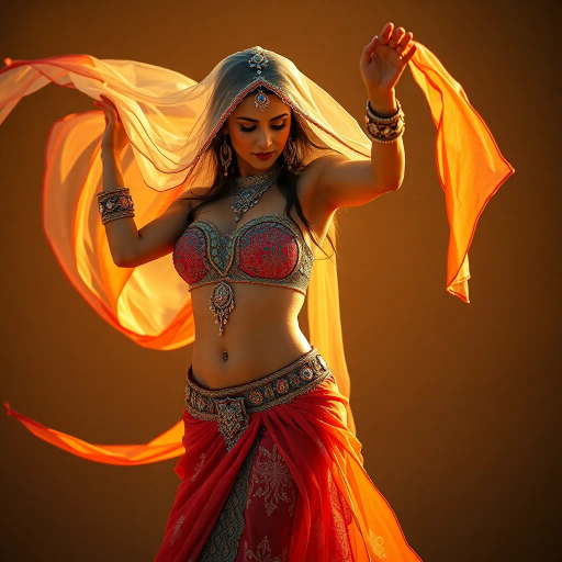 Arabian beauty, belly dancer, sensual movement, intricate patterns, flowing silk, golden hues, exotic allure, Middle Eastern influence, delicate veils, rhythmic motion, vibrant fabrics, enchanting grace, luxurious textures, warm desert lighting, sultry eyes, captivating presence, culturally rich, ornate jewelry, artistic elegance, captivating composition, seductive charm, detailed embroidery, cultural heritage, harmonious blend, vibrant energy, dynamic posture, emotive dance, romantic ambiance, intricate detail