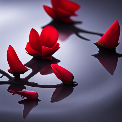 delicate, red petals, emotional symbolism, thorns, impressionism, still-life, fragility, life cycle, warm lighting, chiaroscuro, art nouveau