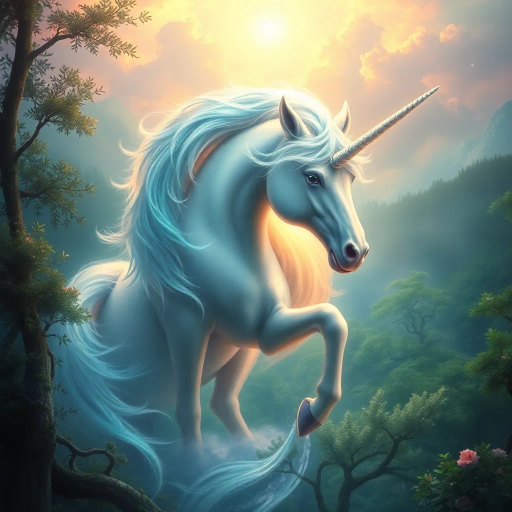 majestic unicorn, ethereal presence, luminous glow, Jean-Baptiste Monge, surreal landscapes, mythological creature, iridescent mane, otherworldly aura, verdant forest, twilight hues, shimmering light, Celtic folklore, intricate details, dreamlike atmosphere, enchanted essence, mystical symbolism, Renaissance revival, celestial essence, Baroque drama, soft pastel palette, enchanting gaze, flowing lines, magical realism, mythical narrative