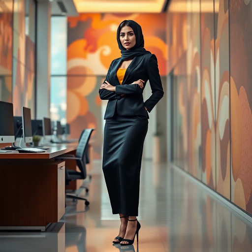 elegant Arab woman, professional attire, contemporary workspace, office heels, Gustav Klimt influence, modern Middle Eastern architecture, vibrant color palette, sleek design, impressionistic brushwork, soft lighting, abstract background, cultural elegance, dynamic composition, intricate details, confident pose, modern feminism, silky textures, poised expression, harmonious balance, cultural identity, visual storytelling, bustling ambiance