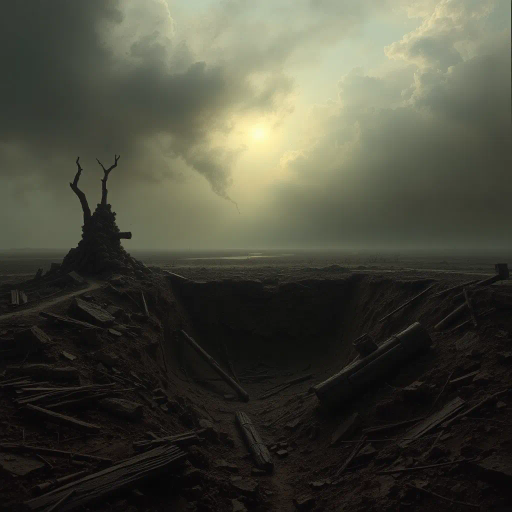 WW1 shell hole, haunting landscape, ruinous earth, trench war remnants, muddy textures, smoke-infused skies, somber atmosphere, historical echoes, dramatic chiaroscuro, war-torn memories, intricate details, Ernst Ludwig Kirchner influence, expressionist undertones, desolate expanse, juxtaposition of life and decay, symbolism of conflict, muted earth tones, organic compositions, narrative storytelling, ethereal light, ominous horizon, atmospheric perspective, reflective surfaces, cultural memory, evocative emotional depth, transformational journey, surreal elements, immersive experience, distant thunder, spectral motifs, chiaroscuro interplay, ephemeral whispers, historical reflections, saturated contrast, mood of introspection