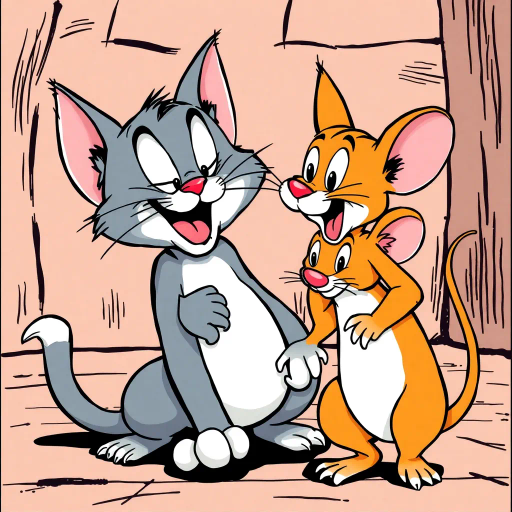 mischievous cat, clever rat, whimsical narrative, dynamic interaction, colorful palette, bold lines, playful composition, humorous tone, classic storytelling, vintage comic style, Bill Watterson influences, dynamic expressions, retro vibes, engaging storytelling, vivid imagination, quirky characters, Tom and Jerry homage, lively movement, exaggerated features, storybook charm, Richard Scarry inspiration, adventurous scene, vibrant energy, animal antics, creative whimsy