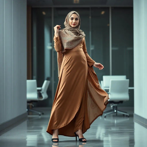 Arab woman, elegant hijab, professional setting, modern workplace, high heels, Middle Eastern culture, contemporary art, intricate patterns, vibrant colors, soft lighting, dynamic pose, cultural expression, delicate fabrics, office environment, confident demeanor, sophisticated fashion, grace and poise, diverse representation, cultural fusion, empowerment, modernism, Impressionism influences, human form, balance and harmony, Jean-Michel Basquiat inspiration, vibrant brushstrokes, Henri Matisse color palette, delicate textures, fluid movement, artistic elegance, cultural symbolism, refined composition, elegance and sophistication, bold patterns