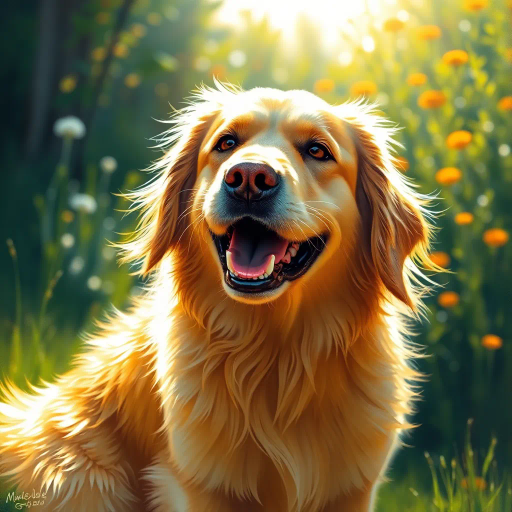 golden retriever, fluffy, joyful expression, vibrant colors, golden fur, intricate detail, dynamic pose, playful scene, sunlight, warm tones, impressionist brushwork, detailed textures, Thomas Kinkade inspiration, contemporary realism, outdoor setting, lush background, cheerful mood, morning dew, soft focus, oil paint textures, emotive gaze, lively atmosphere, natural environment, pastoral, friendly demeanor, radiant sunlight, lush landscape, vibrant flora, dynamic composition, idyllic morning, expressive brushstrokes, warm hues, harmonious scene