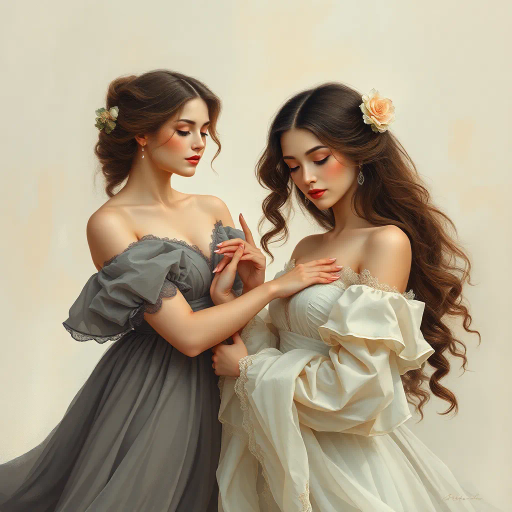 elegant femmes, graceful posture, intricate fashion, ethereal beauty, soft lighting, romantic era, impressionistic brushstrokes, pastel hues, delicate textures, feminine elegance, serene expressions, renaissance influences, flowing fabrics, atmospheric composition, refined aesthetics, timeless allure, enchanting aura, subtle movement, classical themes, captivating allure, harmonious balance, artistic grace, romantic ambiance, delicate sophistication, gentle atmosphere, whispering hues, tranquility, Baroque influences, evocative lighting, nuanced details