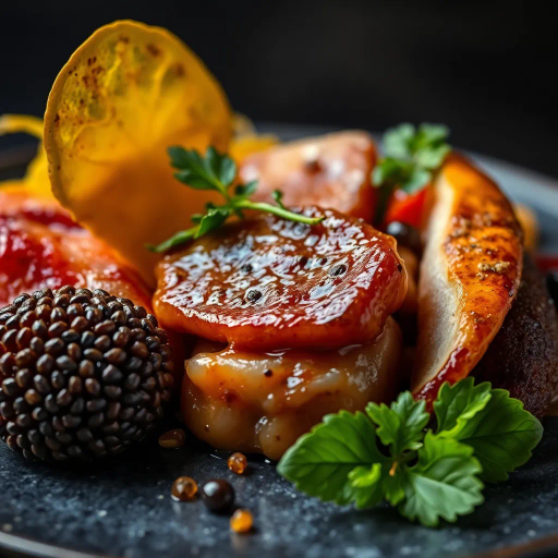 hyper-realistic, culinary artistry, still life, vibrant colors, succulent textures, food photography, gourmet presentation, chiaroscuro lighting, rich detail, natural composition, culinary textures, food stylization, glossy surfaces, nuanced hues, modern aesthetic, exquisite plating, artisanal craftsmanship, gourmet indulgence, food as art, visual feast, sumptuous presentation, high contrast, appetizing visual, culinary elegance