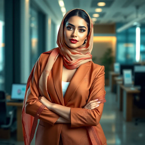 Arab woman, elegant hijab, professional setting, modern workplace, high heels, Middle Eastern culture, contemporary art, intricate patterns, vibrant colors, soft lighting, dynamic pose, cultural expression, delicate fabrics, office environment, confident demeanor, sophisticated fashion, grace and poise, diverse representation, cultural fusion, empowerment, modernism, Impressionism influences, human form, balance and harmony, Jean-Michel Basquiat inspiration, vibrant brushstrokes, Henri Matisse color palette, delicate textures, fluid movement, artistic elegance, cultural symbolism, refined composition, elegance and sophistication, bold patterns