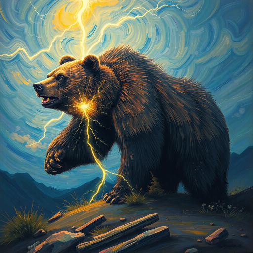 majestic bear, struck by lightning, electric energy, Vincent van Gogh, post-impressionism, intense contrast, dynamic lighting, bold brush strokes, swirling skies, nature's fury, vibrant colors, ethereal glow, wild power, dramatic setting, emotional intensity, natural wonder, chaotic beauty, stormy atmosphere, powerful wilderness, surreal landscape, otherworldly phenomenon, symbolic transformation, mythical creature