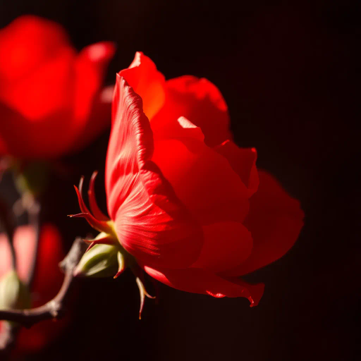 delicate red petals, emotional symbolism, impressionism, fragility, thorns, still-life composition, romanticism, beauty of nature, vibrant red hues, chiaroscuro lighting, warm light tones, art nouveau influences, impressionist brushwork, life cycle themes, intricate details, elegant bokeh effects, contrasting softness, dynamic movement, subtle contrasts, artistic brush strokes, evocative emotion, harmonious balance, cultural symbolism, textured elegance, soft focus