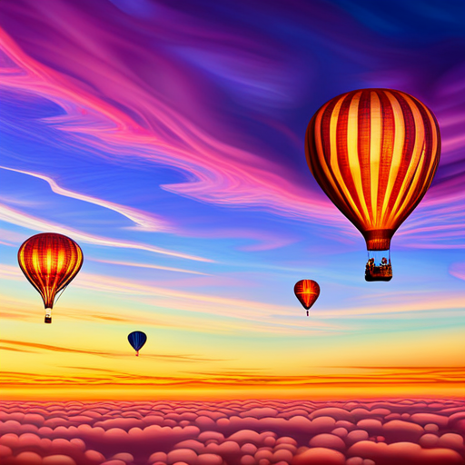 surreal, dreamlike, whimsical, Jules Verne, steampunk, 1800s, golden hour lighting, vast expanse, vibrant, surreal colors, majestic, fantasy landscape, towering mountains, endless skies, whimsical clouds, oversized hot air balloon, intricate patterns, fantastical creatures, wonderous journey, magical realism, unreal skies, ethereal glow