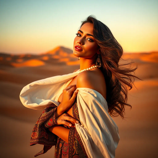 alluring Arab beauty, modern elegance, Henri Matisse inspiration, Yves Saint Laurent influence, desert oasis backdrop, golden hour lighting, chiaroscuro lighting, vibrant colors, intricate patterns, delicate textures, sun-kissed skin, exotic allure, cultural richness, flowing lines, sensual movement, feminine power, refined grace, harmonious composition, romantic ambiance, visual poetry, timeless grace, captivating portraits, seductive composition, ethereal mood, desert mirage, artistic flair, Arabic cultural motifs, expressive body language, sophisticated minimalism, textured contrast, contemporary realism, poised demeanor, artistic serenity, soft ambient lighting, dynamic perspective, stylish composition