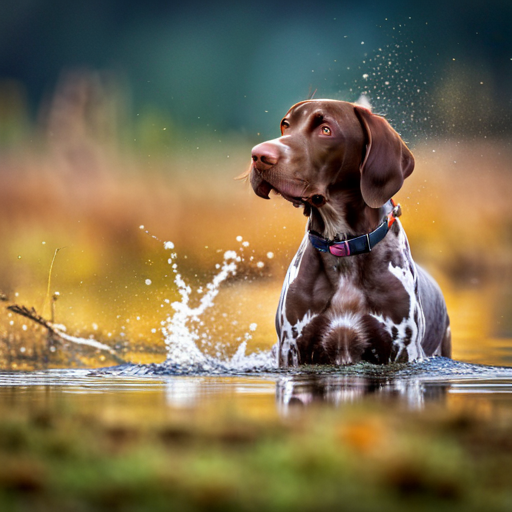 German Shorthair Pointer, Hunting Dogs, nature, outdoor photography, animal behavior, point, prey drive, breeds, wild game, bird hunting, scent, tracking, camouflaged, agility, trained, field trial, energetic, athletic, muscular, intelligent, sporting dogs, gundogs, pointers, hunting equipment, action shots, hunting techniques, wildlife, hunting season, hunting gear, hunting scenery, stamina, speed, majestic, natural reserve, golden hour light, deep brown coat, rule of thirds, movement, defocused background, green tones, yellow tones, visible texture, ears, spot markings, high level of detail, essence of the breed