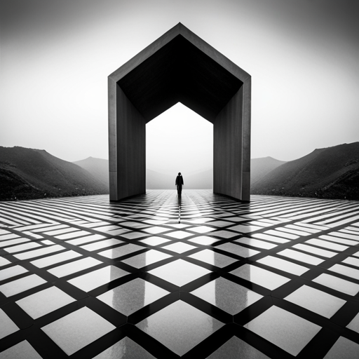 minimalistic representation, geometric shapes, symbolism, balance, contrast, negative space, monochromatic tones, symmetrical design, thin lines, line quality