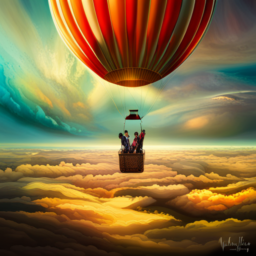 surreal, dreamlike, vibrant, whimsical, adventurous, Jules Verne, steampunk, golden hour lighting, vast expanse, surreal colors, floating, majestic, airy, fantasy landscape, towering mountains, endless skies, oversized hot air balloon, intricate patterns, fantastical creatures, wonderous journey, magical realism, ethereal glow