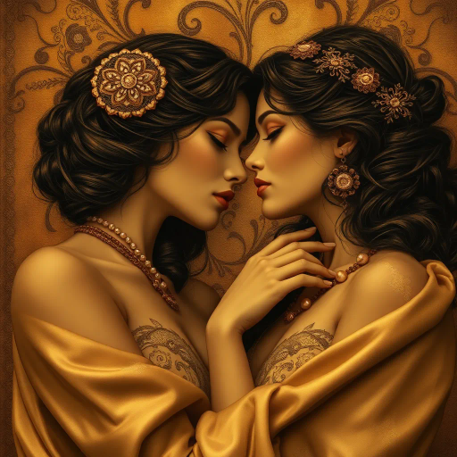sensual expressionism, Gustav Klimt influence, Art Nouveau flourishes, warm sepia tones, intimate vignette, soft light caress, luxurious textures, flowing satin, romantic allure, dreamlike ambiance, ethereal forms, intricate patterns, delicate line work, intimate scale, passionate intensity, ornate embellishments, cultural tapestry, emotive gaze, gilded accents, opulent tapestry, whispering hues, evocative moment