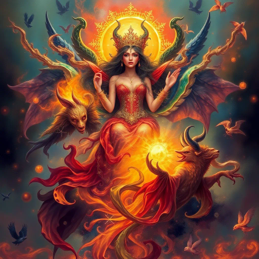 intricate, vibrant colors, ethereal glow, mystical aura, surrealism, expressionism, dreamlike, chiaroscuro, fantastical elements, imaginative realms, halo effect, emotional depth, whimsical features, mythical beings, elaborate costumes, Baroque influences, luminous textures, immersive landscapes, celestial themes, otherworldly presence, narrative composition, dynamic poses, symbolic meaning, digital brushwork, detailed ornamentation, storytelling focus, Renaissance echoes