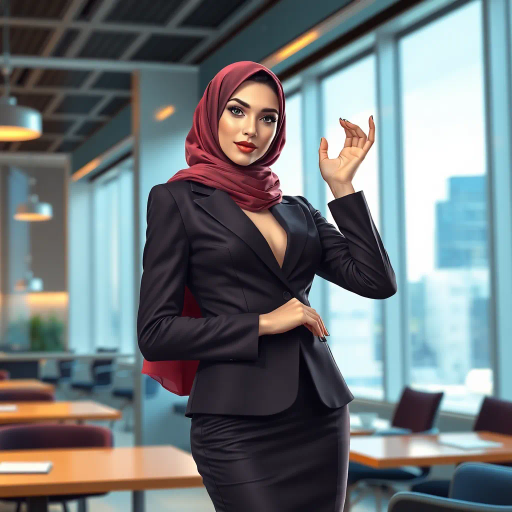 elegant Arab woman, professional attire, hijab, modern workplace, high heels, contrasting cultural fusion, vibrant Middle Eastern influences, contemporary art style, dynamic composition, intricate patterns, vibrant color palette, soft ambient lighting, dynamic posing, cultural expression, delicate textiles, confident and empowering presence, grace, poise, diverse representation, fusion of modern and traditional elements, Impressionism influences, human form depiction, advanced digital techniques, refined textures, bold symbolism, artistic influences, balance, harmony, surreal lighting, empowered femininity, Gustav Klimt inspiration, Art Nouveau elegance, intricate detailing, cultural narrative, sophisticated sophistication, modernism, representation and empowerment