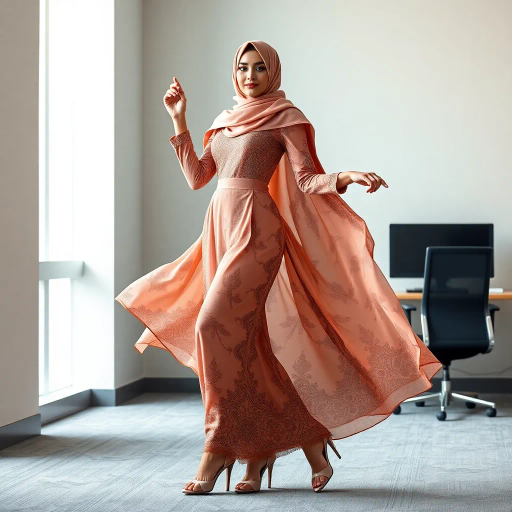 Arab woman, elegant hijab, professional setting, modern workplace, high heels, Middle Eastern culture, contemporary art, intricate patterns, vibrant colors, soft lighting, dynamic pose, cultural expression, delicate fabrics, office environment, confident demeanor, sophisticated fashion, grace and poise, diverse representation, cultural fusion, empowerment, modernism, Impressionism influences, human form, balance and harmony, Jean-Michel Basquiat inspiration, vibrant brushstrokes, Henri Matisse color palette, delicate textures, fluid movement, artistic elegance, cultural symbolism, refined composition, elegance and sophistication, bold patterns