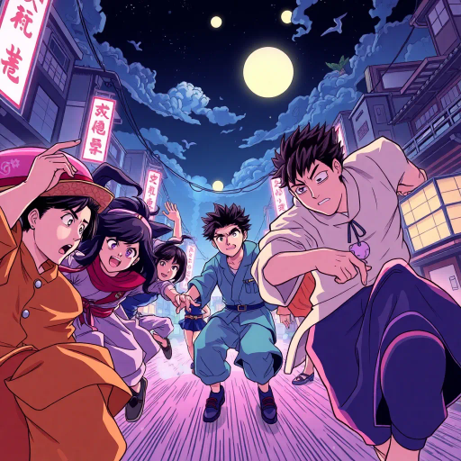 dynamic movement, vibrant line work, expressive characters, dramatic angles, Studio Ghibli influence, neon lighting, nostalgic atmosphere, Taisho era inspiration, intricate backgrounds, pastel color palette, stylized action, emotional storytelling, Ukiyo-e references, high-contrast shading, fantastical elements, layered compositions, cultural symbolism, epic adventure, visual storytelling, cinematic framing, detailed facial expressions