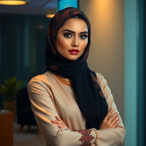 elegant Arab woman, professional attire, hijab, modern workplace, high heels, contrasting cultural fusion, vibrant Middle Eastern influences, contemporary art style, dynamic composition, intricate patterns, vibrant color palette, soft ambient lighting, dynamic posing, cultural expression, delicate textiles, confident and empowering presence, grace, poise, diverse representation, fusion of modern and traditional elements, Impressionism influences, human form depiction, advanced digital techniques, refined textures, bold symbolism, artistic influences, balance, harmony, surreal lighting, empowered femininity, Gustav Klimt inspiration, Art Nouveau elegance, intricate detailing, cultural narrative, sophisticated sophistication, modernism, representation and empowerment