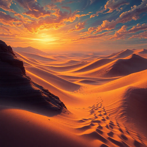 rich desert landscape, swirling sands, inspired by Arabian Nights, ornate patterns, jewel tones, twilight hues, opulent textiles, ethereal glow, T.E. Lawrence echoes, calligraphy influence, mystique and adventure, caravan trails, golden sunlight, exotic atmospheres, ancient architecture, intricate mosaics, surreal skies, mythical elements, storytelling depth, Henri Matisse influence, dramatic shadows, cultural richness, harmonious blend, vibrant storytelling
