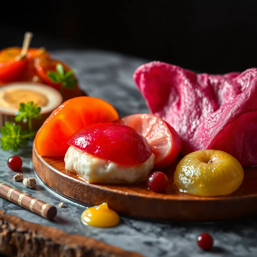 culinary artistry, still life, hyper-realistic, vibrant colors, succulent textures, glossy surfaces, gourmet presentation, chiaroscuro lighting, rich detail, natural composition, nuanced hues, modern aesthetic, exquisite plating, artisanal craftsmanship, gourmet indulgence, food as art, visual feast, sumptuous presentation, high contrast, appetizing visual, culinary elegance, hyperrealism, luxurious visual experience, mouth-watering, rich color palette, enticing textures, sophisticated arrangement, gastronomic artistry, photorealism