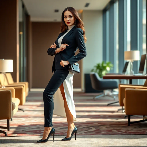 elegant Arab woman, professional attire, high heels, modern office setting, poised posture, captivating gaze, vibrancy of colors, refined elegance, contemporary Middle Eastern influences, chic and sophisticated, gentle lighting, detailed textures, artistic femininity, graceful presence, dynamic composition, cultural richness, confident stance, intricate patterns, subtle sophistication, warm tones, serene ambiance, luxurious aesthetic