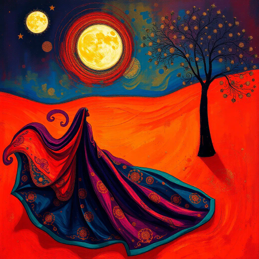 Arabian nights, vibrant colors, intricate patterns, gold accents, Henri Matisse, warm desert tones, graceful movement, rich textiles, cultural tapestry, surrealism, exotic elegance, moonlit sands, flowing fabrics, mystical allure, contemporary interpretation, shimmering heat, lush oasis, dynamic composition, sensual poise, atmospheric glow, dreamlike ambience