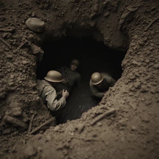 world war i, soldiers, hiding, muddy, shell hole, crater, mud, expressionism, moody atmosphere, historical accuracy, muted earth tones, dramatic lighting, trench warfare, chaos, somber mood, intricate textures, wet surfaces, realism, emotional depth, tension, historical documentation, depth of field, James Montgomery Flagg, war photography inspiration, desperation, survival, fear, explosiveness, historical context, bleak landscape, attention to detail, poignant composition, narrative storytelling, historical influence, 1910s era