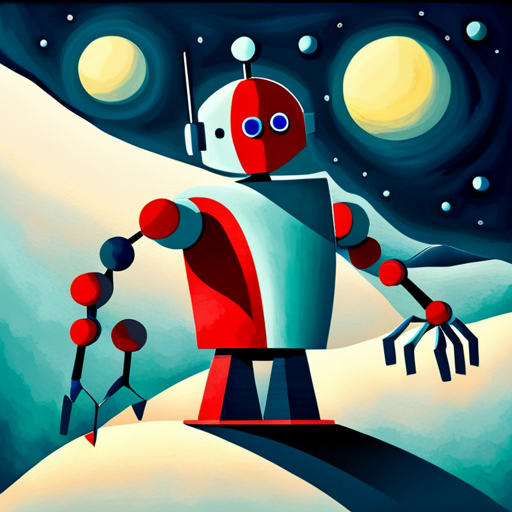 Small geometrically abstract robot inspired by the work of Kandinsky, using a limited color palette of primary and secondary colors to create a playful mood with a nod to the technological advancements of the futurist movement