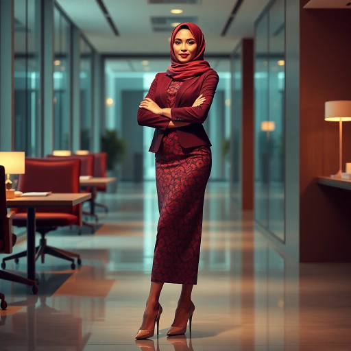 elegant Arab woman, professional attire, hijab, modern workplace, high heels, contrasting cultural fusion, vibrant Middle Eastern influences, contemporary art style, dynamic composition, intricate patterns, vibrant color palette, soft ambient lighting, dynamic posing, cultural expression, delicate textiles, confident and empowering presence, grace, poise, diverse representation, fusion of modern and traditional elements, Impressionism influences, human form depiction, advanced digital techniques, refined textures, bold symbolism, artistic influences, balance, harmony, surreal lighting, empowered femininity, Gustav Klimt inspiration, Art Nouveau elegance, intricate detailing, cultural narrative, sophisticated sophistication, modernism, representation and empowerment