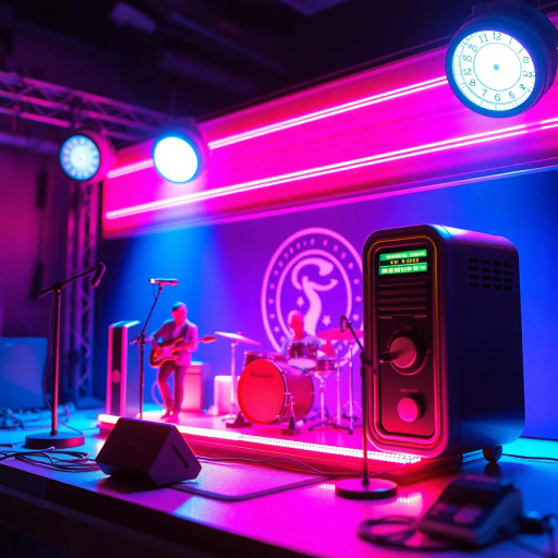 retro-futurism, vintage radio, miniature concert, band performance, neon glow, vibrant pink, electric blue, psychedelic purple, spotlights, dynamic stage, logo backdrop, 1960s influence, surreal composition, illuminated scene, nostalgic technology, intricate details, ambient mood, imaginative medium, vibrant atmosphere, cultural blend, visual storytelling, artistic expression, vibrant energy