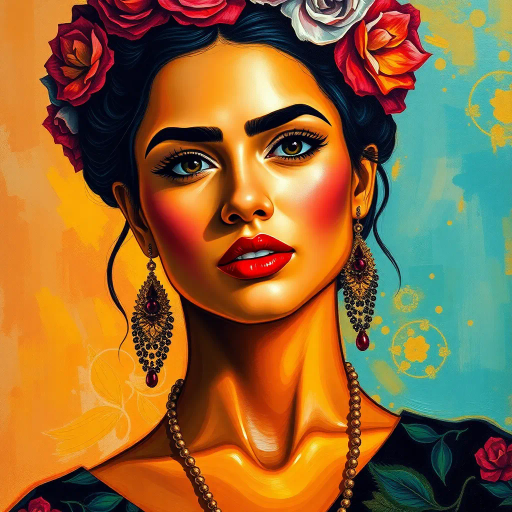 attractive young Latino woman, vibrant colors, Diego Rivera, smooth textures, contemporary flair, radiant lighting, cultural richness, Frida Kahlo influence, flowing movement, captivating gaze, warm tones, generational beauty, intricate detail, modern elegance, passionate expression, dynamic composition, bold brushstrokes, tonal harmony, emotional depth, timeless allure, cultural symbolism