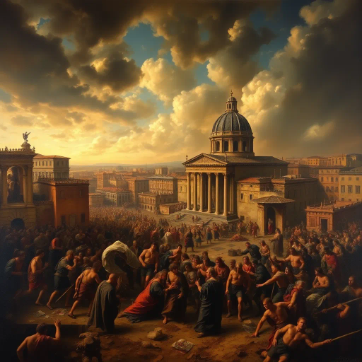 Visigoths, ancient Rome, chaotic cityscape, dramatic lighting, chiaroscuro, tumultuous emotions, historical drama, vivid storytelling, Alaric I, dark, somber tones, rubble and ruins, intricate detail, historical textiles, Renaissance influence, dynamic composition, expressive brushwork, historical artifacts, cultural collision, atmospheric tension, turbulent skies, Baroque intensity, rich textures, epic scale, classical architecture, aura of desolation, historical narrative, monumental scale, layers of history, pathos and loss