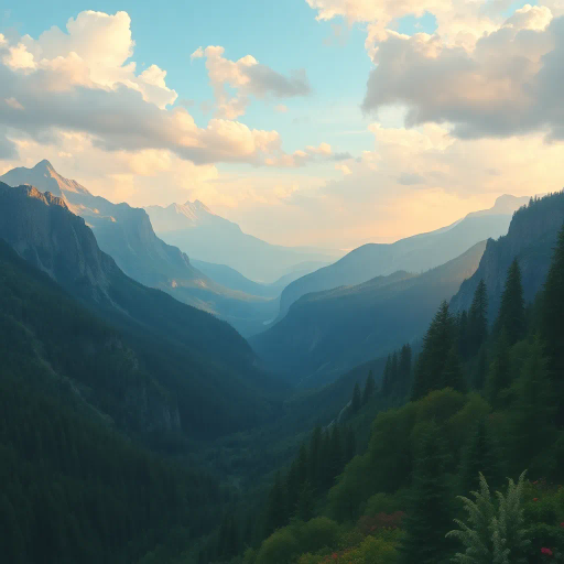 expansive landscapes, majestic mountains, serene forests, vibrant flora, lush valleys, cascading waterfalls, grand scale, panoramic views, ethereal lighting, atmospheric perspective, rich textures, dramatic sky, natural beauty, serene tranquility, breathtaking vistas, intricate details, inspired by Caspar David Friedrich, impressionistic brushwork, harmonious colors, idyllic scenes, Ansel Adams, golden-hour lighting, expansive horizons, the Sublime, painterly strokes, the Hudson River School, awe-inspiring skylines, rugged terrain, soft pastel tones, ecological diversity, tranquility, nature's grandeur, luminous atmosphere, untouched beauty, American Romanticism, immersive scale, visual poetry, dynamic compositions, serene ambiance, fantasy-art, digital-art, immersive atmosphere