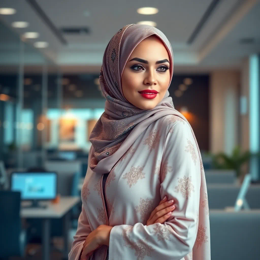 Arab woman, elegant hijab, professional setting, modern workplace, high heels, Middle Eastern culture, contemporary art, intricate patterns, vibrant colors, soft lighting, dynamic pose, cultural expression, delicate fabrics, office environment, confident demeanor, sophisticated fashion, grace and poise, diverse representation, cultural fusion, empowerment, modernism, Impressionism influences, human form, balance and harmony, Jean-Michel Basquiat inspiration, vibrant brushstrokes, Henri Matisse color palette, delicate textures, fluid movement, artistic elegance, cultural symbolism, refined composition, elegance and sophistication, bold patterns