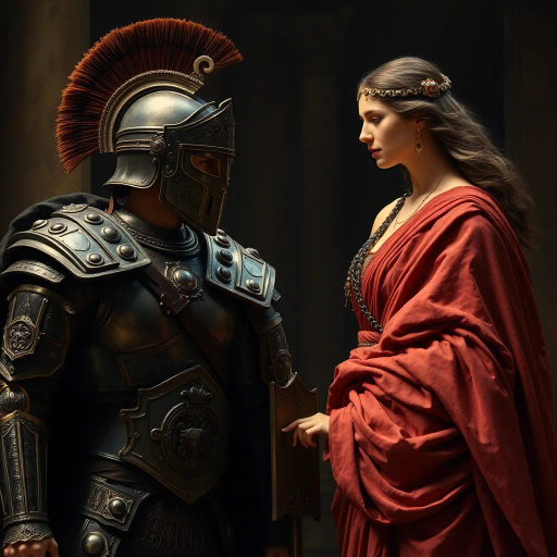 Visigothic warrior, Roman lady, Sack of Rome 410CE, epic historical scene, dramatic lighting, chiaroscuro, intricate armor details, flowing Roman garments, realism, dynamic composition, intense mood, historical figures, late antiquity, turbulent atmosphere, powerful symbolism, conflict and culture clash, intense emotions, classical architecture, ruin and decay, grand scale, meticulous textures, tension and movement, aged patina, historical authenticity, evocative storytelling, warriors in action, contrast and harmony, rich color palette, accurate period costumes
