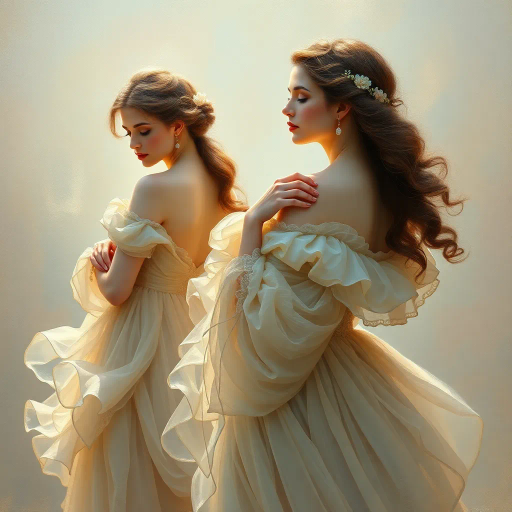 elegant femmes, graceful posture, intricate fashion, ethereal beauty, soft lighting, romantic era, impressionistic brushstrokes, pastel hues, delicate textures, feminine elegance, serene expressions, renaissance influences, flowing fabrics, atmospheric composition, refined aesthetics, timeless allure, enchanting aura, subtle movement, classical themes, captivating allure, harmonious balance, artistic grace, romantic ambiance, delicate sophistication, gentle atmosphere, whispering hues, tranquility, Baroque influences, evocative lighting, nuanced details