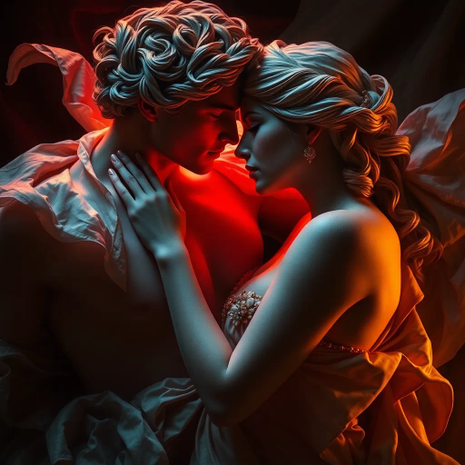 sensual elegance, vibrant hues, chiaroscuro lighting, baroque influence, flowing curves, intimate composition, emotional allure, romanticism, Michelangelo, soft textures, dramatic shadows, ethereal glow, passionate expression, delicate details, Renaissance flair, luxurious fabrics, golden accents, evocative mood, sultry atmosphere, metaphorical depth