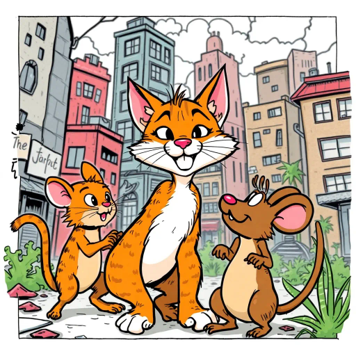 whimsical tale, feline protagonist, rodent companion, dynamic storytelling, vibrant colors, exaggerated expressions, detailed line work, playful conflict, urban landscape, expressive characters, graphic novel style, adventurous narrative, humor, sequential art, Charles Schulz, Bill Watterson, Art Spiegelman, pop art influences, intricate details, movement, cultural folklore, friendship and rivalry, textured shading, visual humor, action sequences, cartoonish aesthetics, animated scene, childhood nostalgia, dynamic composition