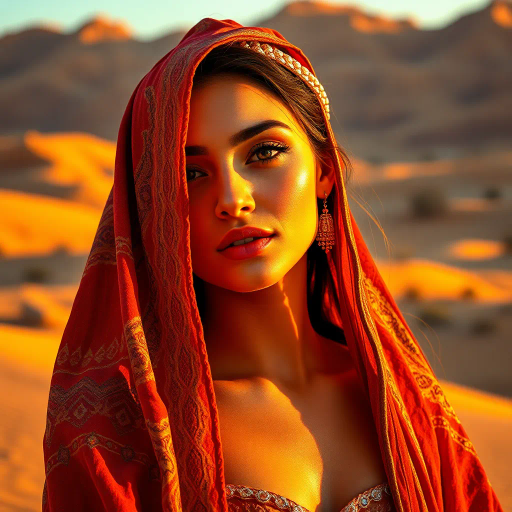 captivating allure, Arab beauty, Henri Matisse-inspired, modern elegance, desert oasis backdrop, golden hour lighting, vibrant colors, intricate patterns, delicate textures, sun-kissed skin, exotic allure, cultural richness, flowing lines, sensual movement, warm tones, harmonious composition, romantic ambiance, visual poetry, timeless grace, artistic expression, enchanting aura, seductive composition, ethereal mood, desert mirage, exotic elegance, artistic flair, Arabic cultural motifs, visual poetry, captivating portraits, seductive composition, artistic flair